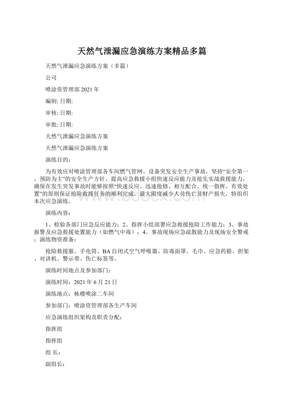 天然气泄漏应急演练方案精品多篇文档格式.docx_第1页