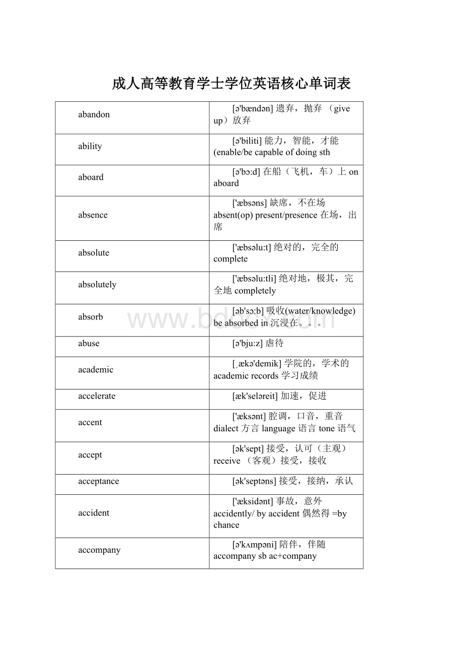 成人高等教育学士学位英语核心单词表文档格式.docx_第1页