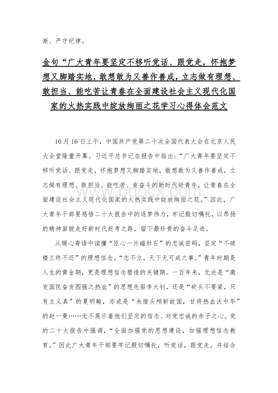 （2篇）全面学习金句“广大青年要坚定不移听党话、跟党走怀抱梦想又脚踏实地敢想敢为又善作善成立志做有理想、敢担当、能吃苦、肯奋斗的新时代好青年心得体会Word下载.docx_第3页