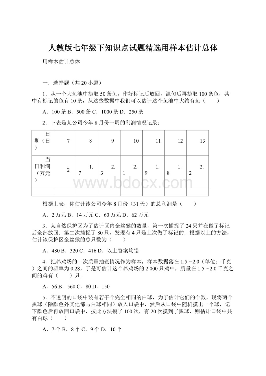 人教版七年级下知识点试题精选用样本估计总体Word文档下载推荐.docx_第1页