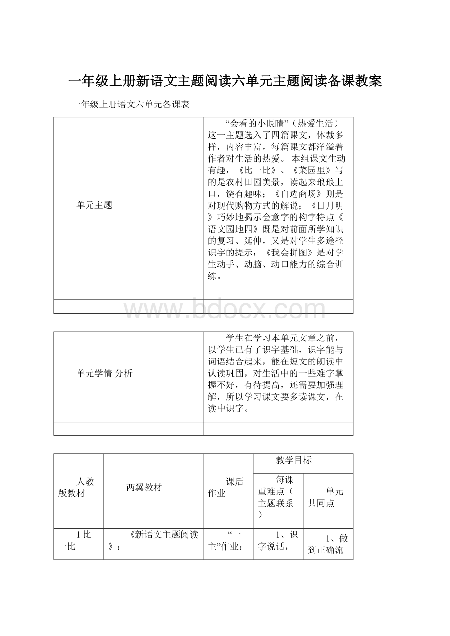 一年级上册新语文主题阅读六单元主题阅读备课教案.docx