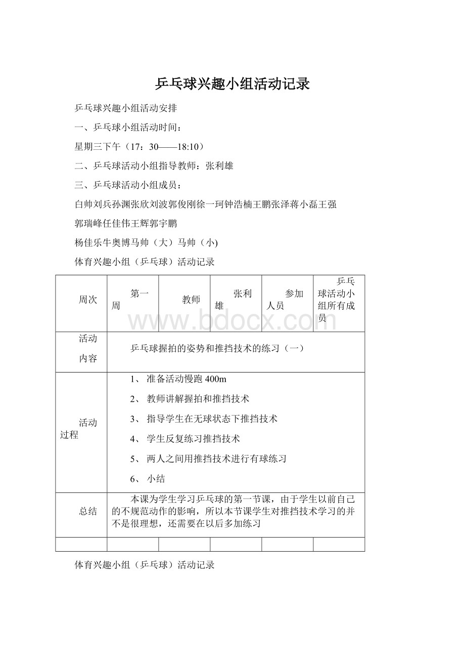 乒乓球兴趣小组活动记录文档格式.docx