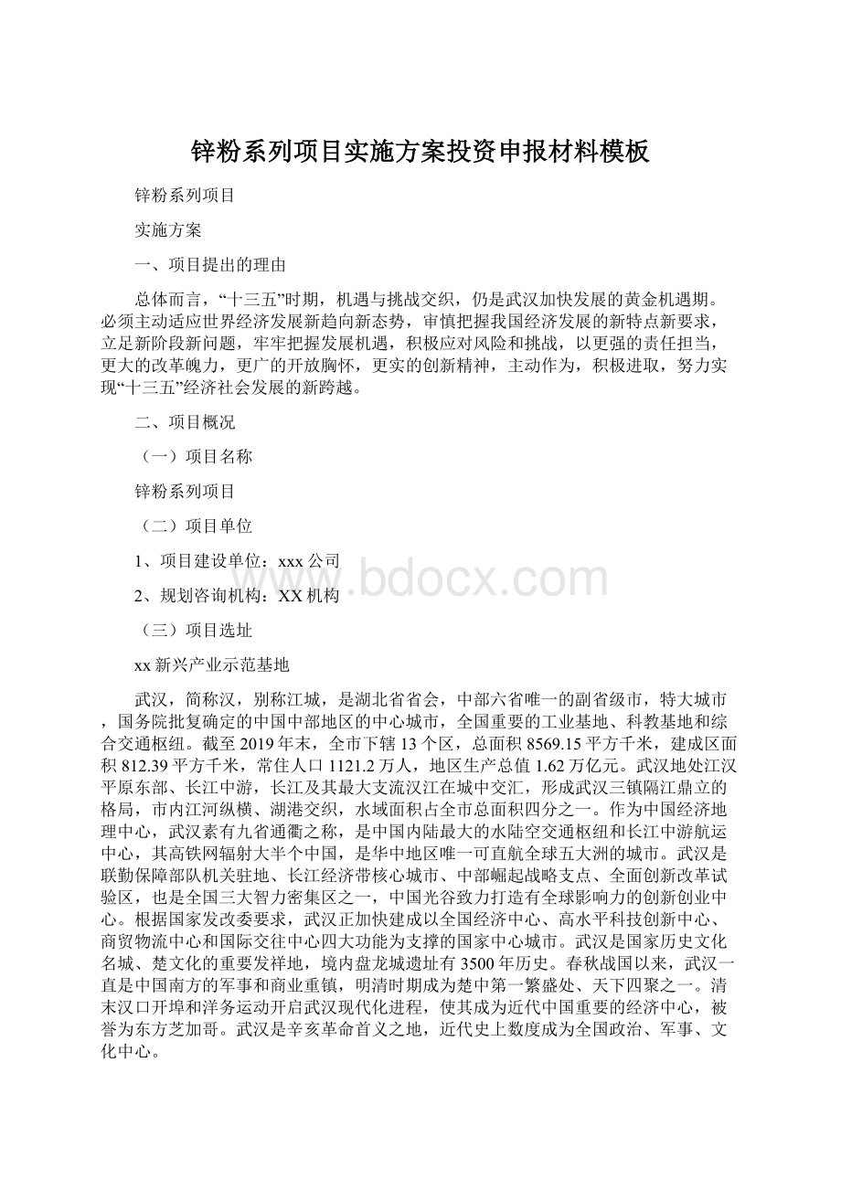 锌粉系列项目实施方案投资申报材料模板Word格式文档下载.docx