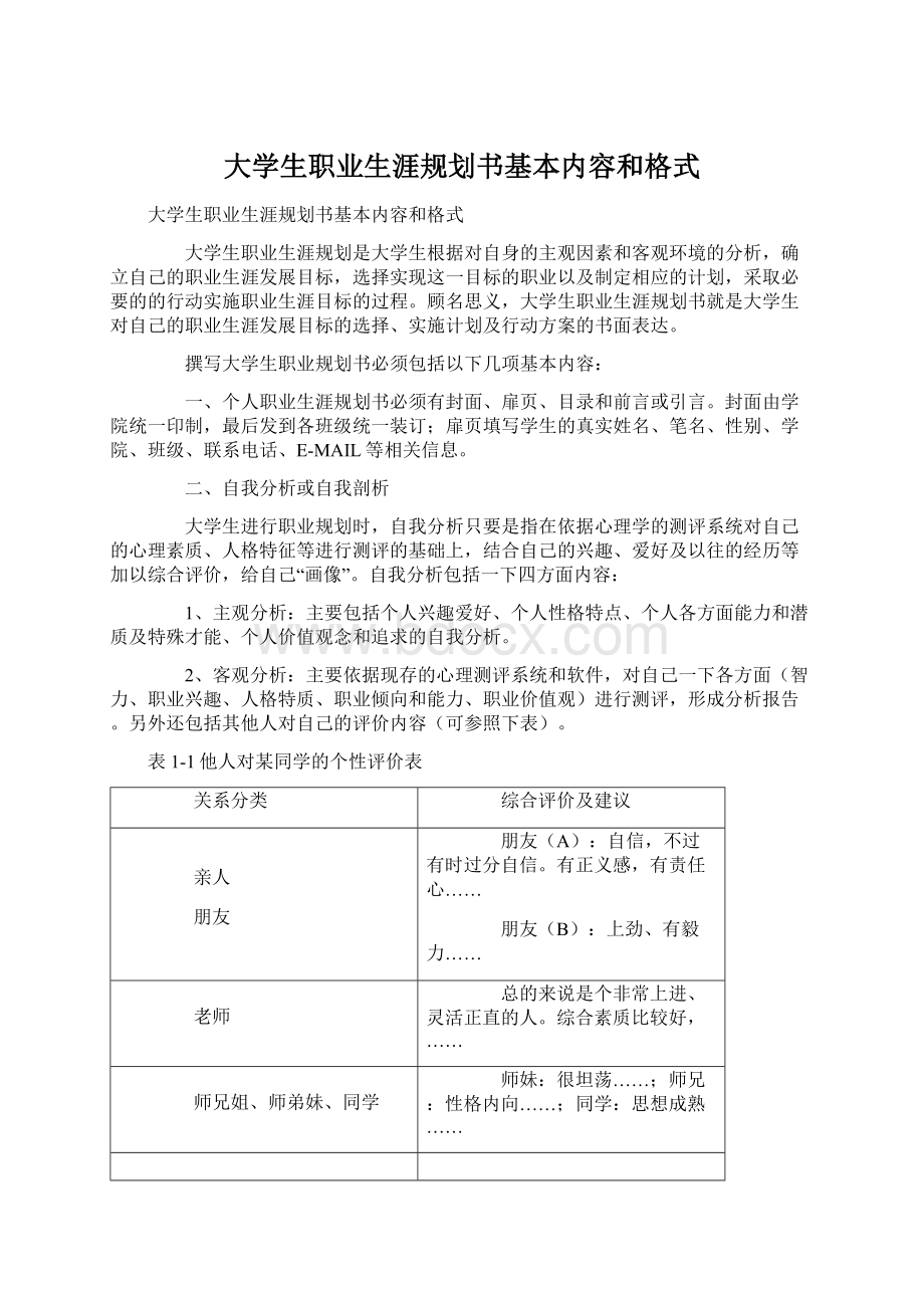 大学生职业生涯规划书基本内容和格式Word文件下载.docx