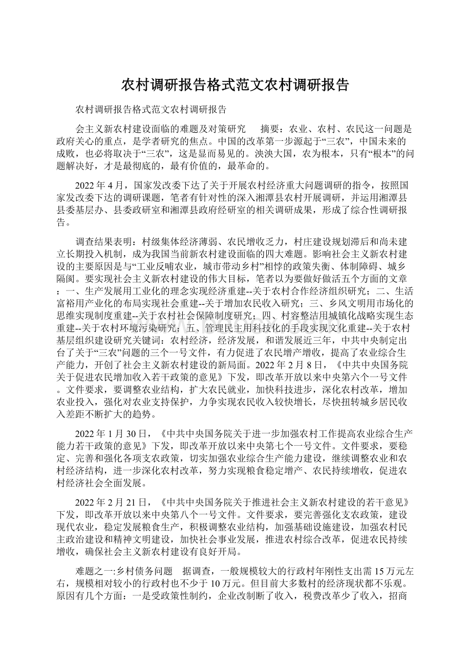 农村调研报告格式范文农村调研报告Word格式文档下载.docx_第1页