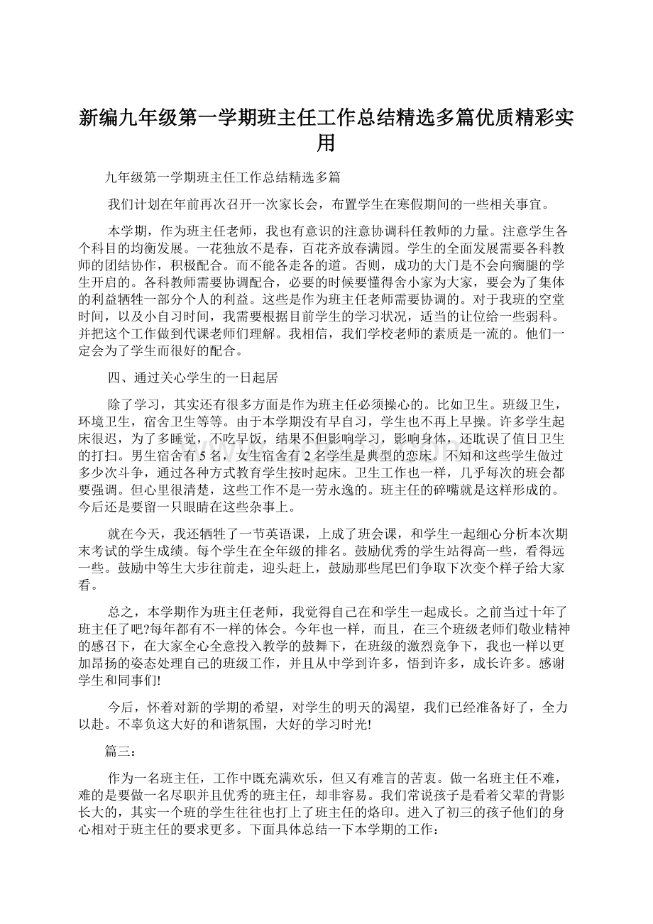 新编九年级第一学期班主任工作总结精选多篇优质精彩实用.docx_第1页