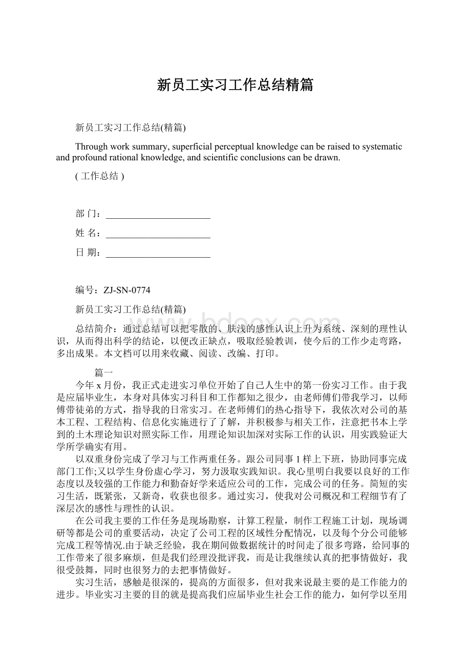 新员工实习工作总结精篇Word格式.docx