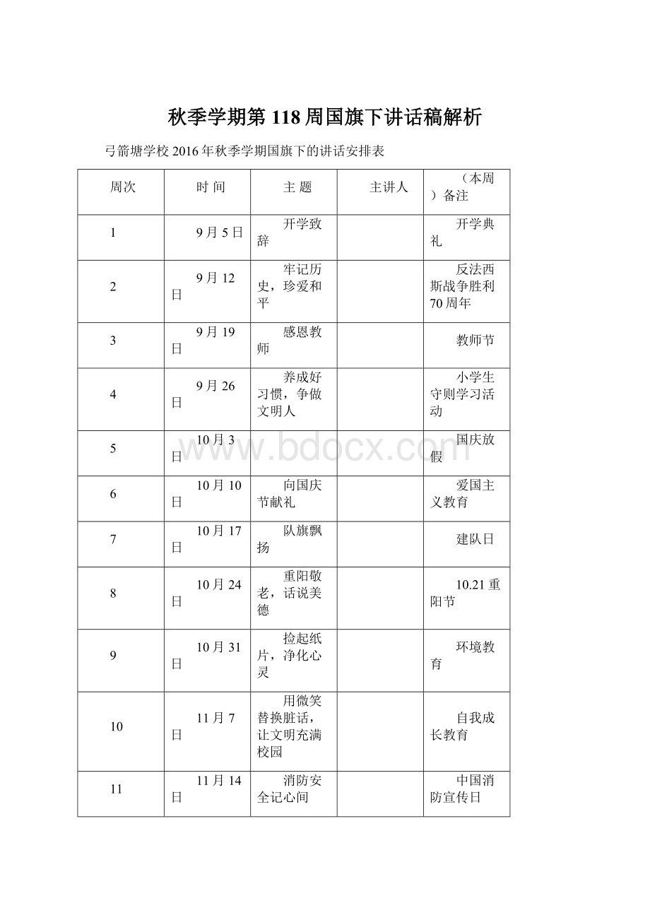 秋季学期第118周国旗下讲话稿解析Word文档格式.docx_第1页