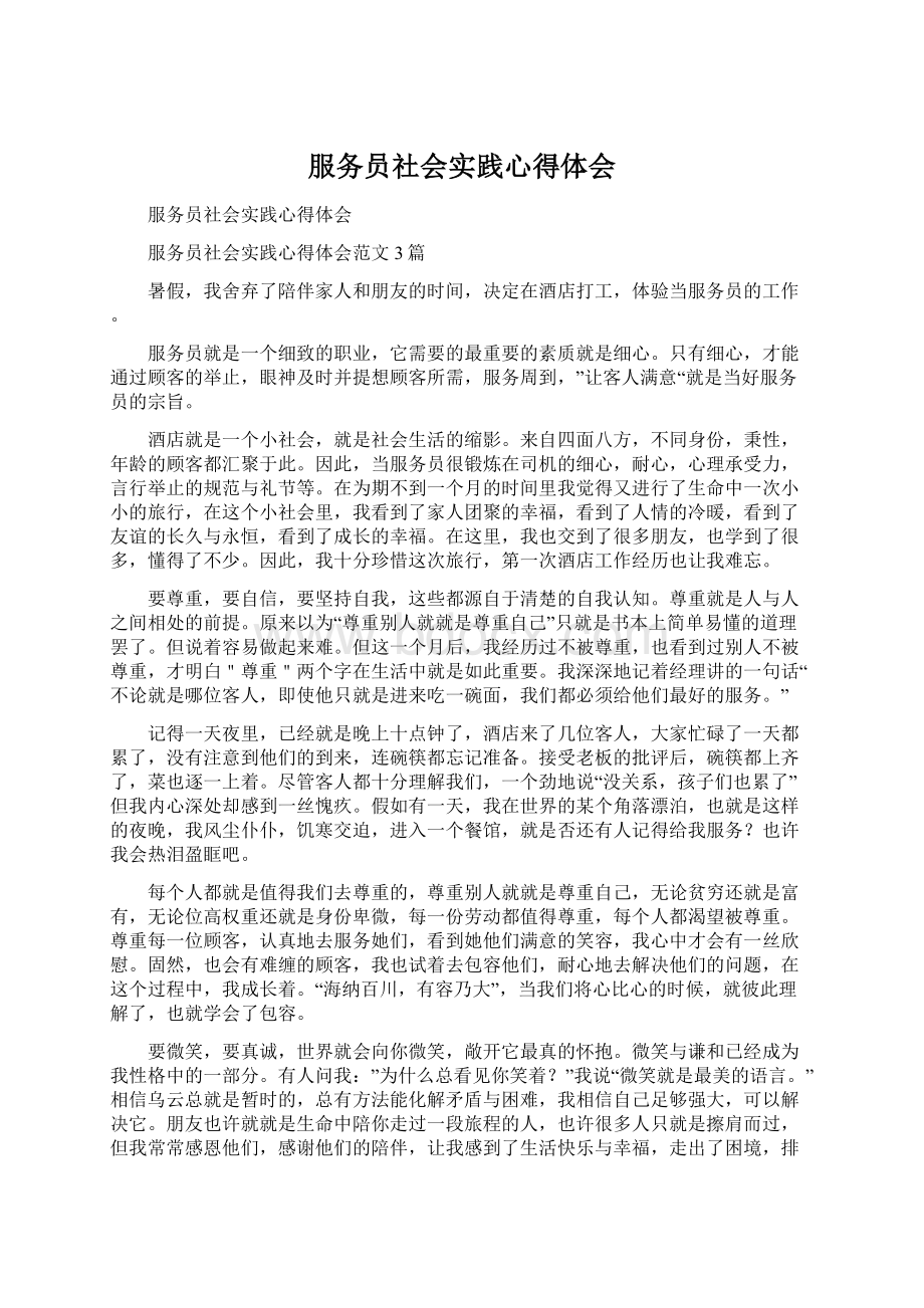 服务员社会实践心得体会文档格式.docx