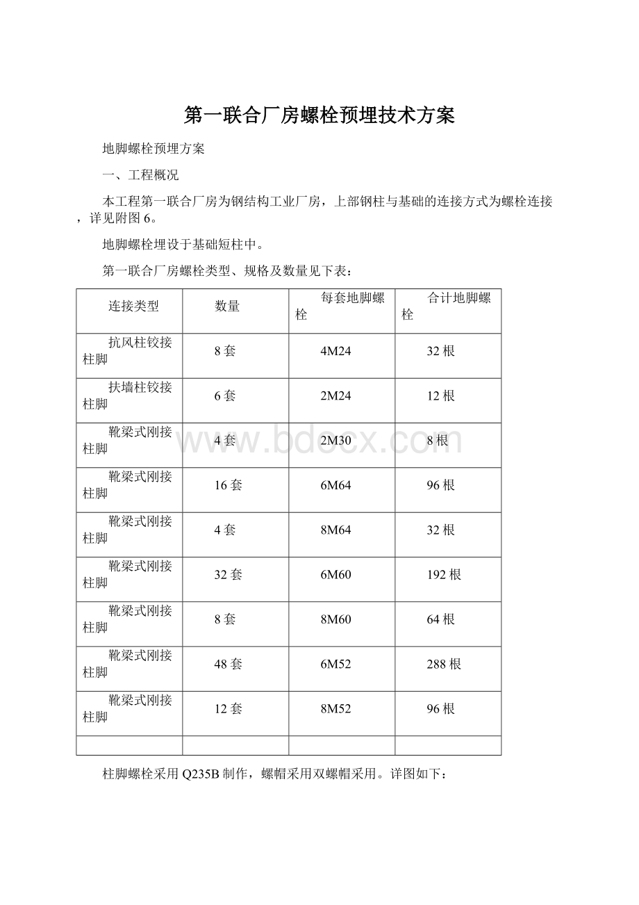 第一联合厂房螺栓预埋技术方案Word文档下载推荐.docx