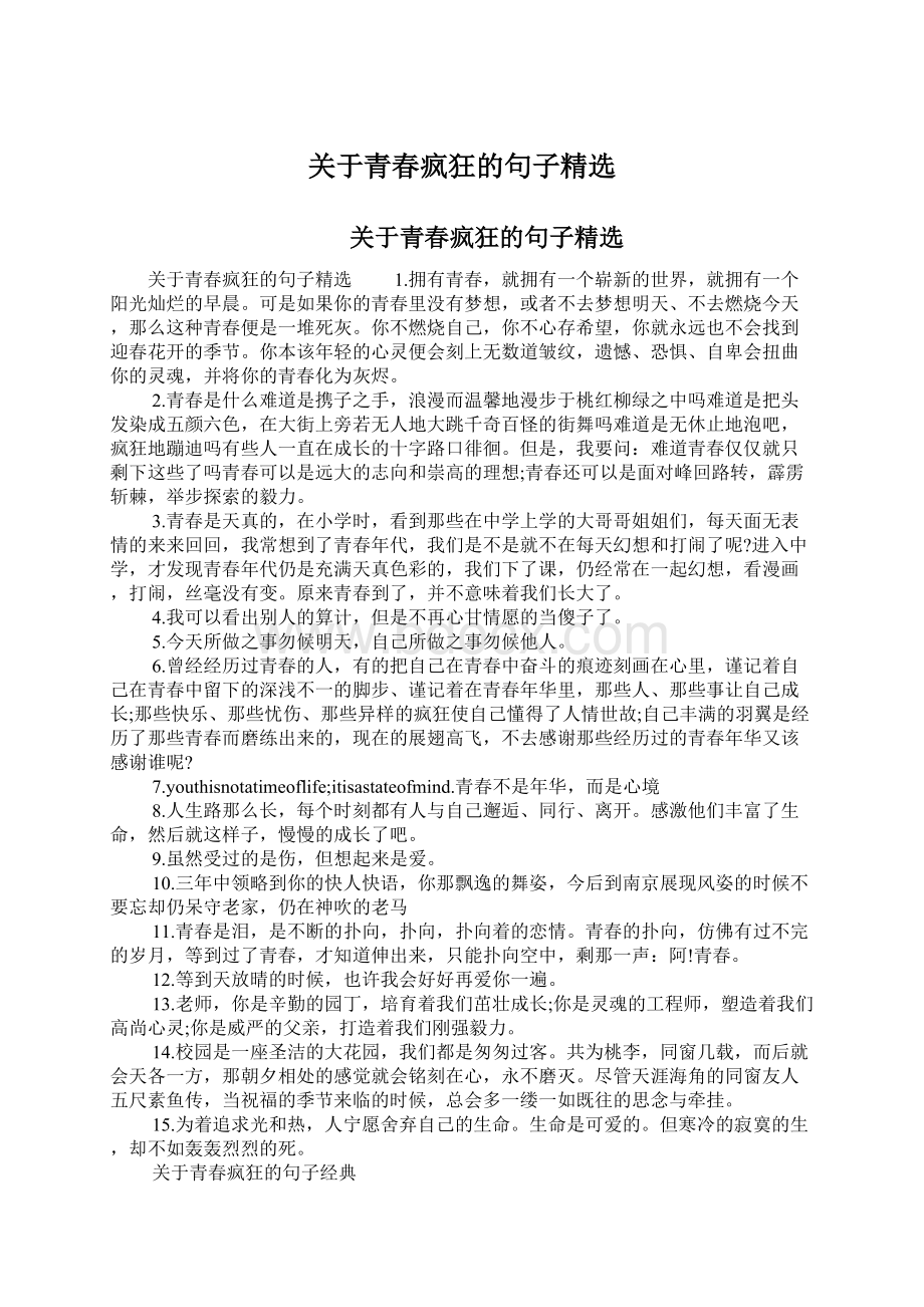 关于青春疯狂的句子精选文档格式.docx_第1页