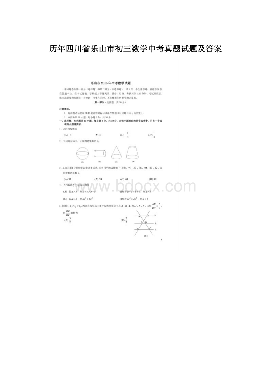 历年四川省乐山市初三数学中考真题试题及答案.docx