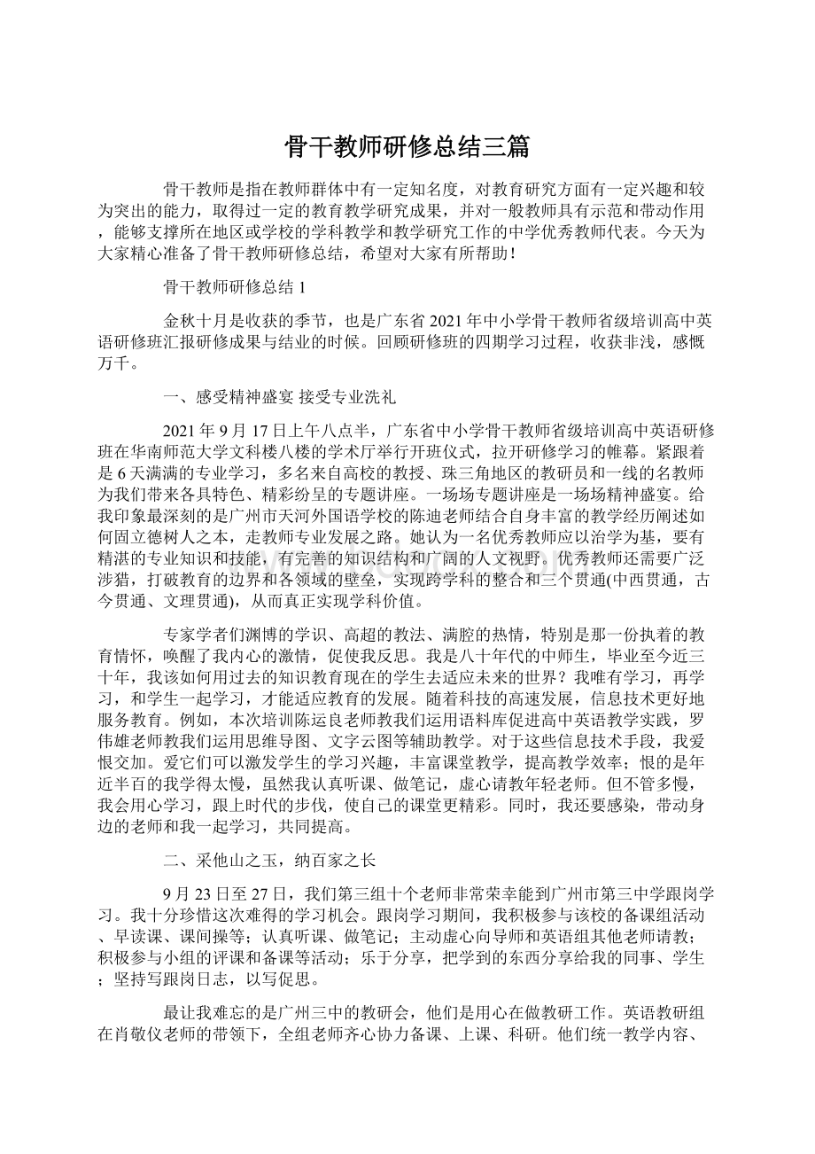 骨干教师研修总结三篇Word文件下载.docx_第1页