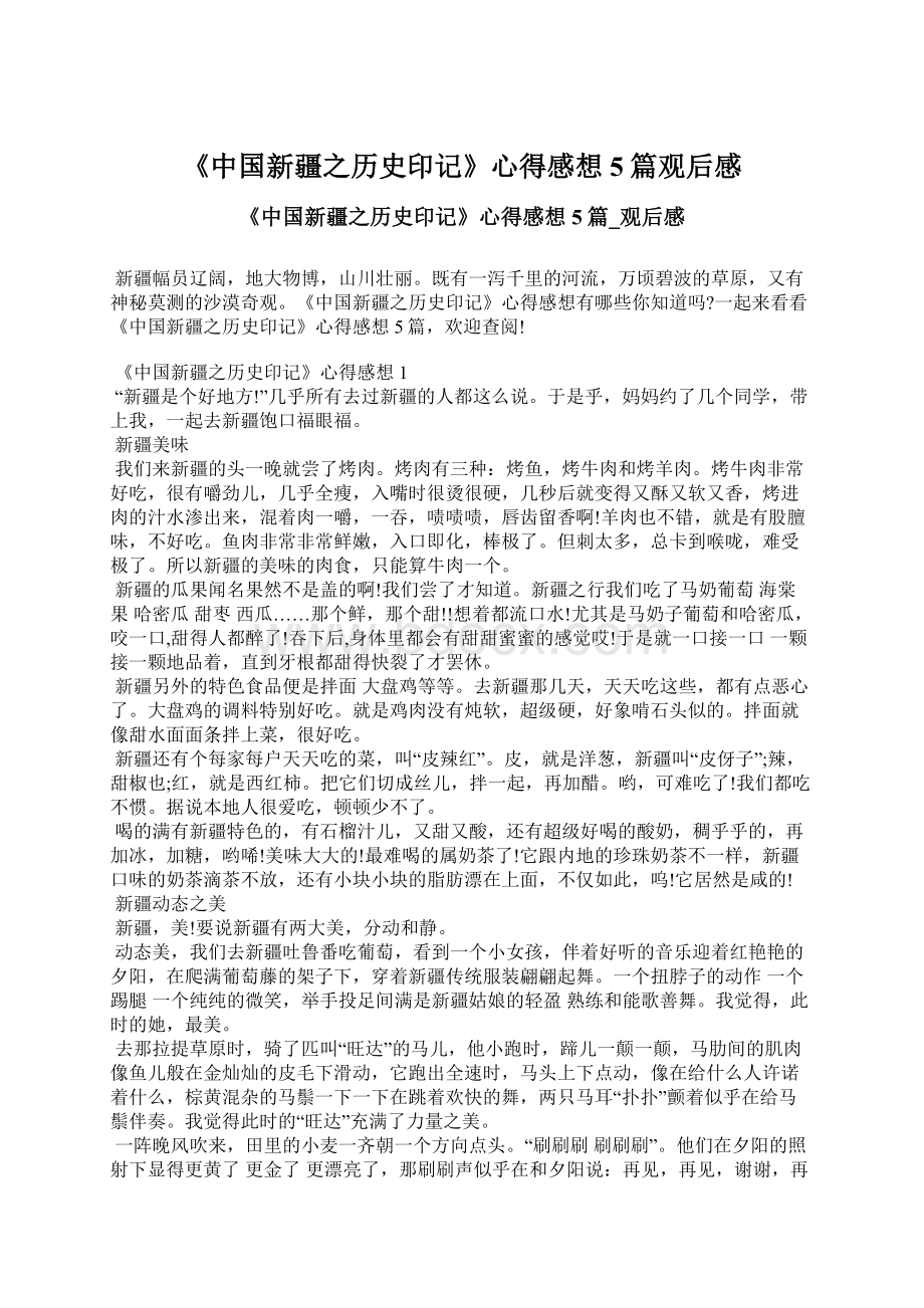 《中国新疆之历史印记》心得感想5篇观后感Word文档格式.docx_第1页