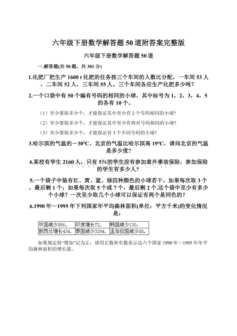 六年级下册数学解答题50道附答案完整版Word文档格式.docx