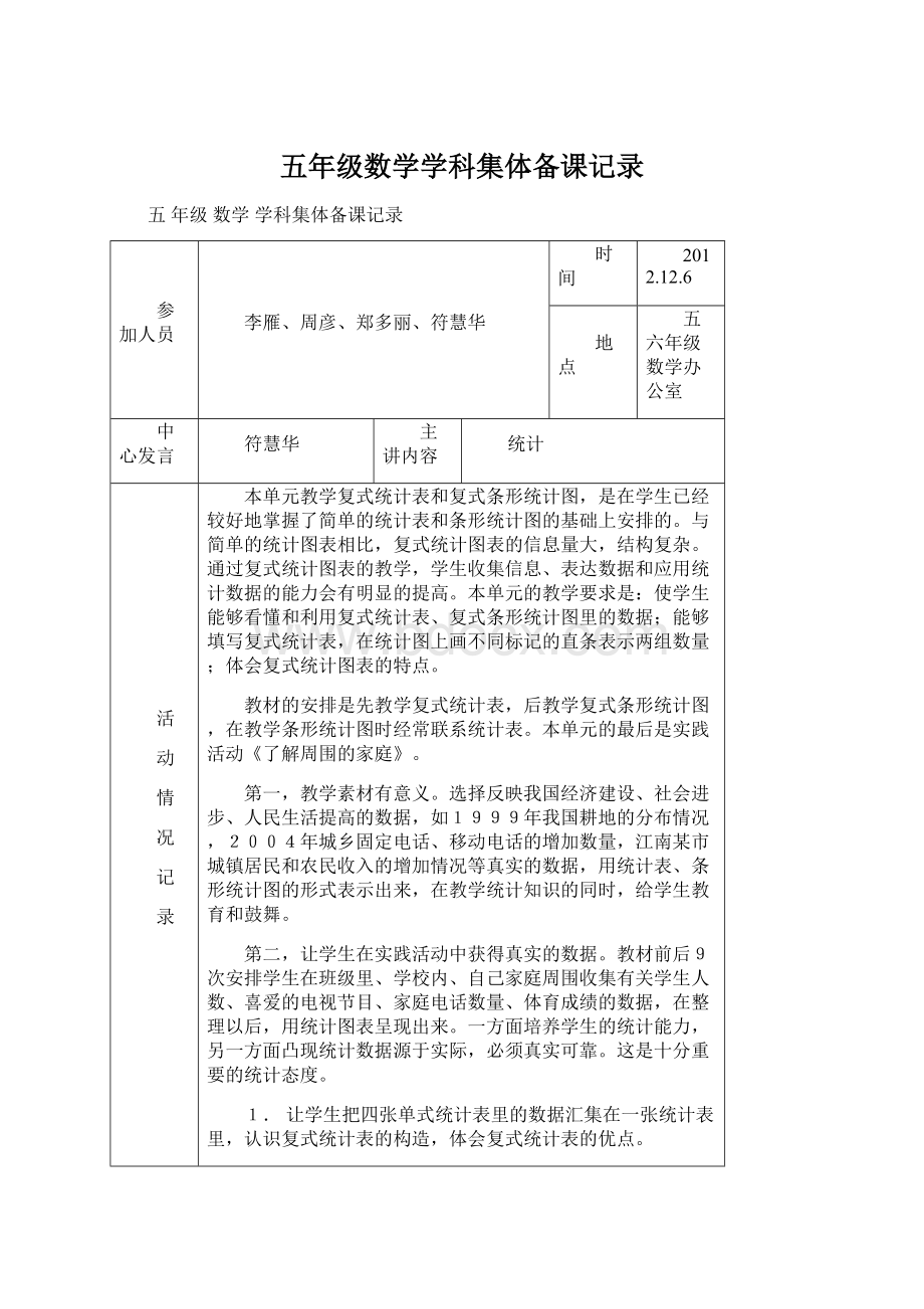 五年级数学学科集体备课记录Word文档格式.docx