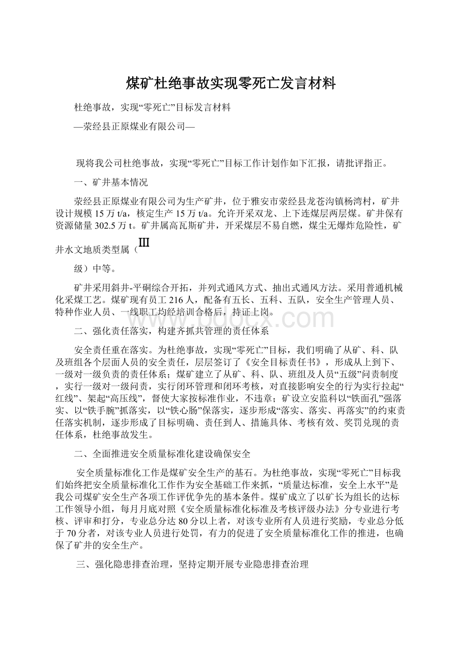 煤矿杜绝事故实现零死亡发言材料.docx_第1页