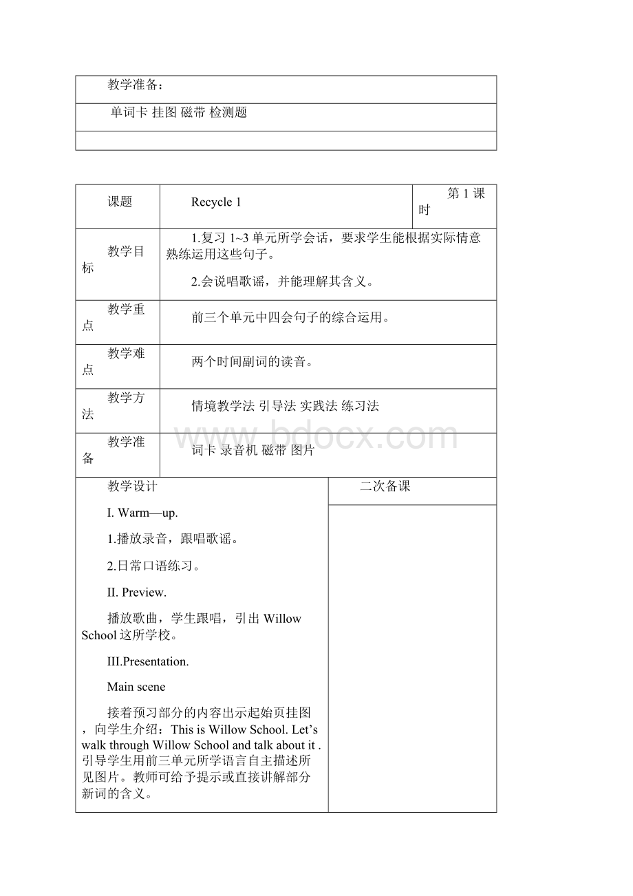 人教版英语五年级上册Recycle 1 图表式教案Word文档下载推荐.docx_第2页