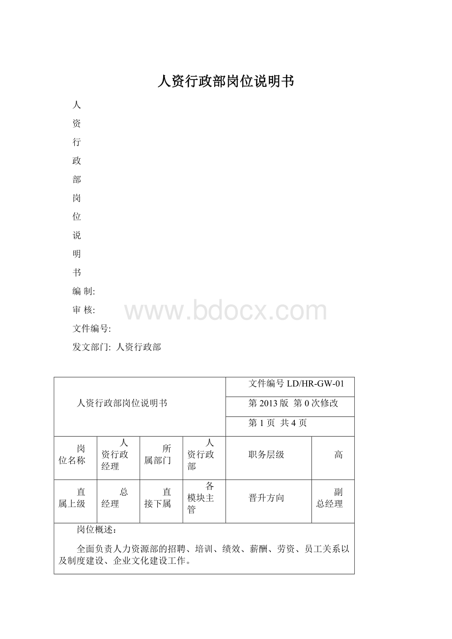 人资行政部岗位说明书Word文档下载推荐.docx