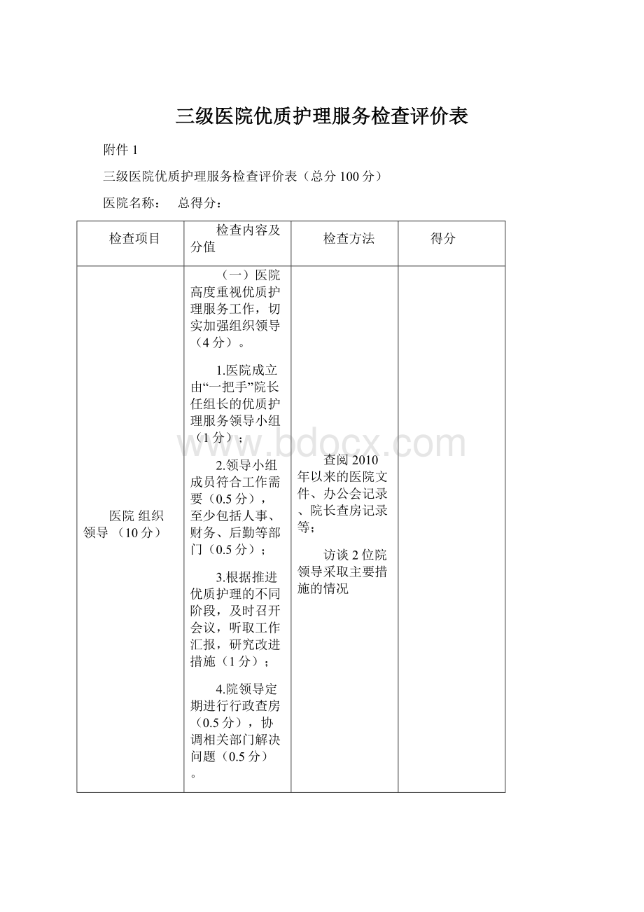 三级医院优质护理服务检查评价表.docx_第1页