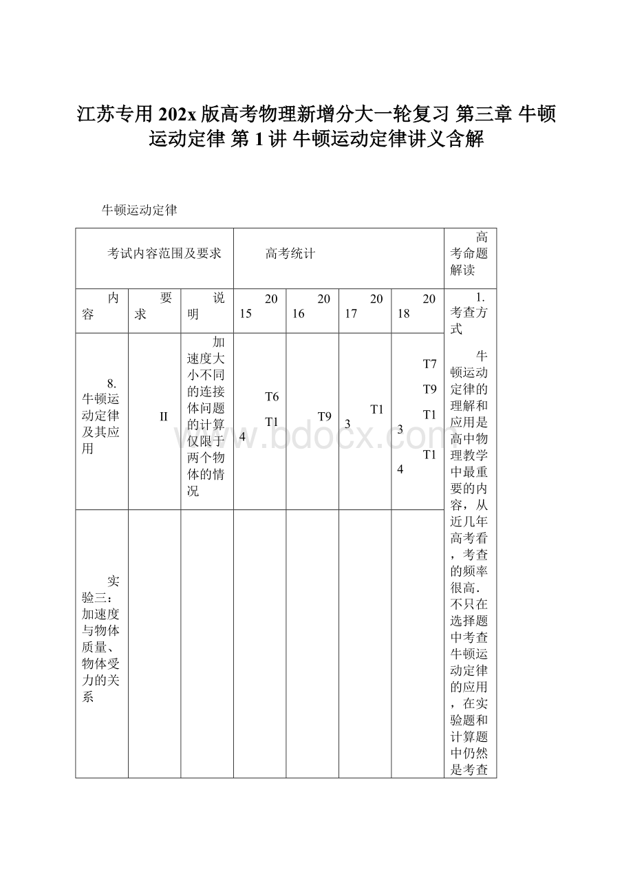 江苏专用202x版高考物理新增分大一轮复习 第三章 牛顿运动定律 第1讲 牛顿运动定律讲义含解.docx_第1页