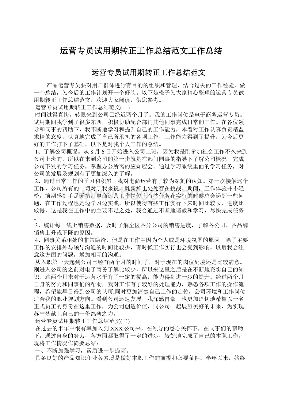 运营专员试用期转正工作总结范文工作总结Word文件下载.docx