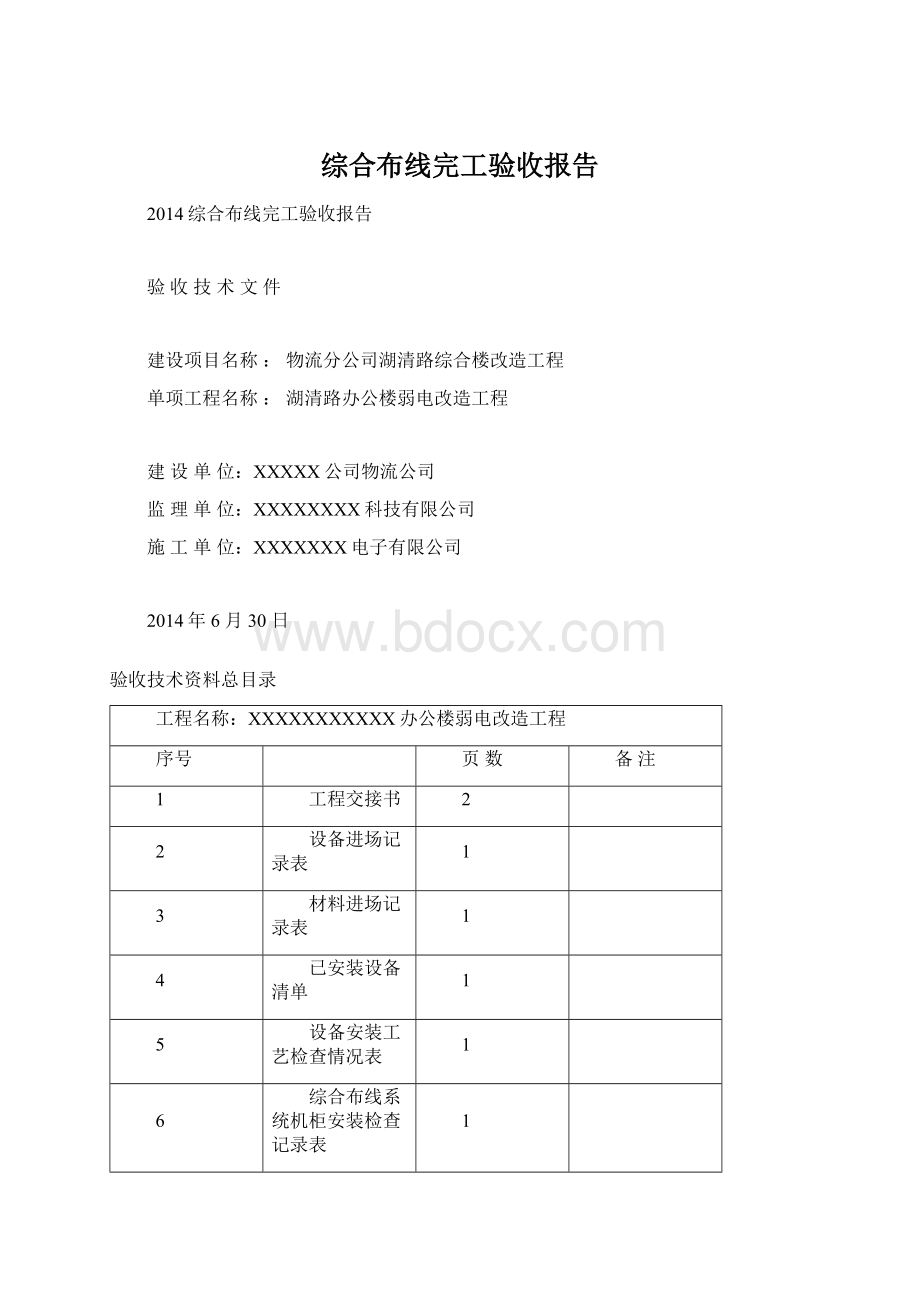 综合布线完工验收报告Word文件下载.docx_第1页