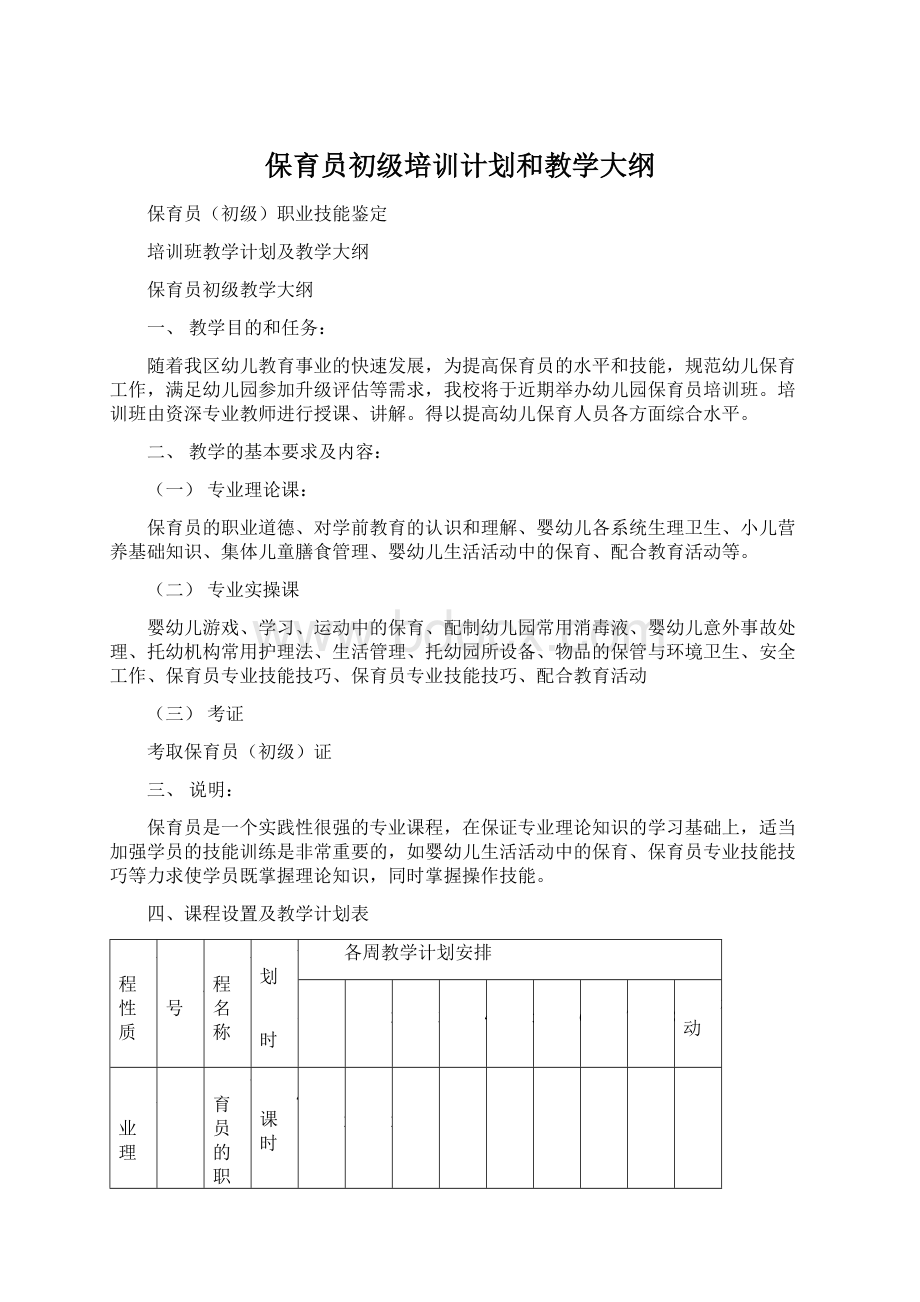 保育员初级培训计划和教学大纲文档格式.docx