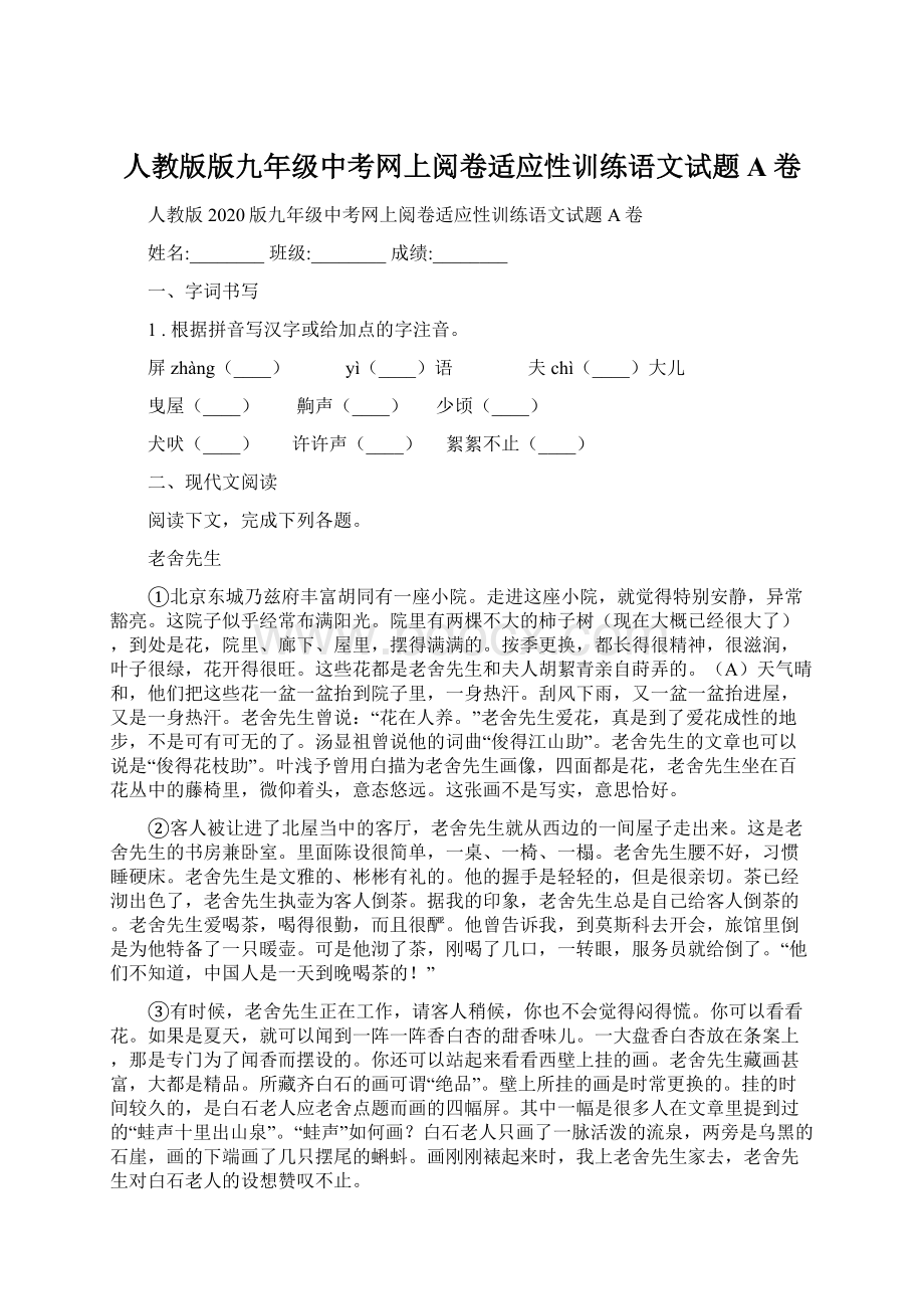 人教版版九年级中考网上阅卷适应性训练语文试题A卷.docx_第1页