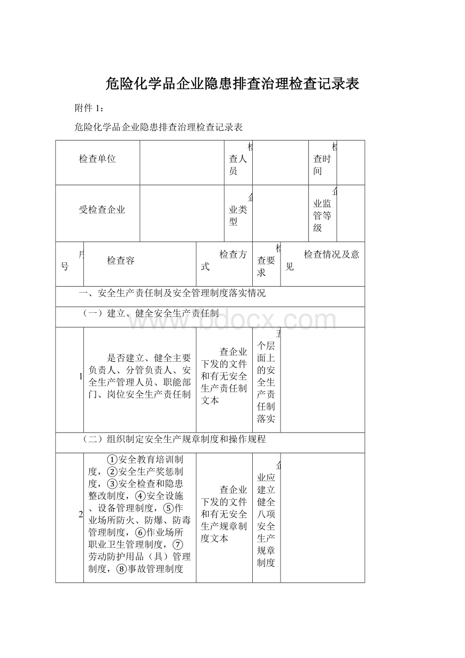 危险化学品企业隐患排查治理检查记录表.docx