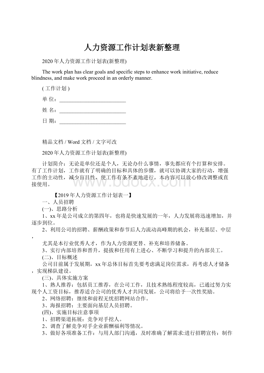 人力资源工作计划表新整理.docx_第1页