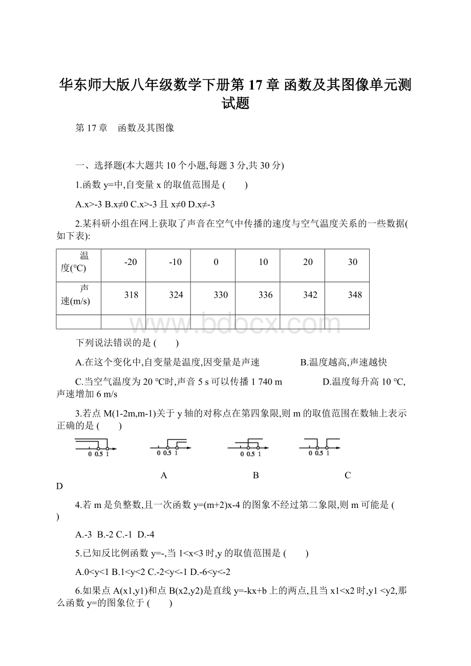 华东师大版八年级数学下册第17章 函数及其图像单元测试题.docx