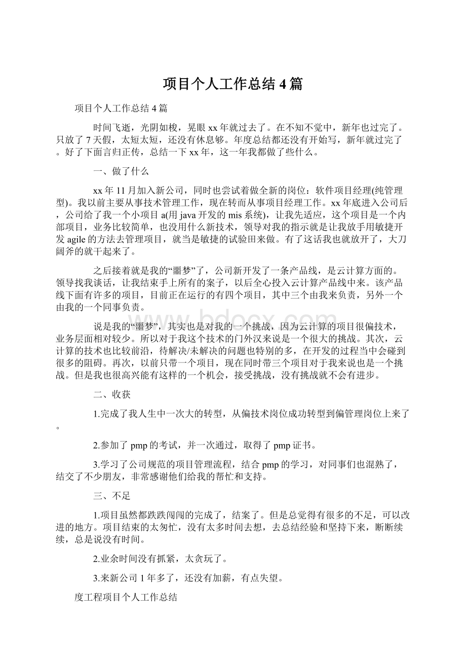 项目个人工作总结4篇Word格式.docx