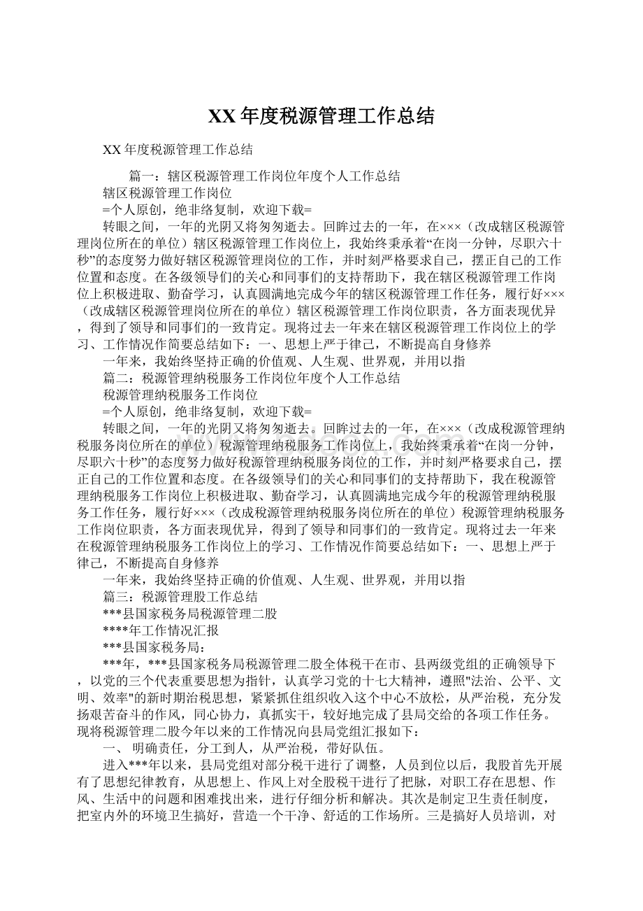 XX年度税源管理工作总结文档格式.docx