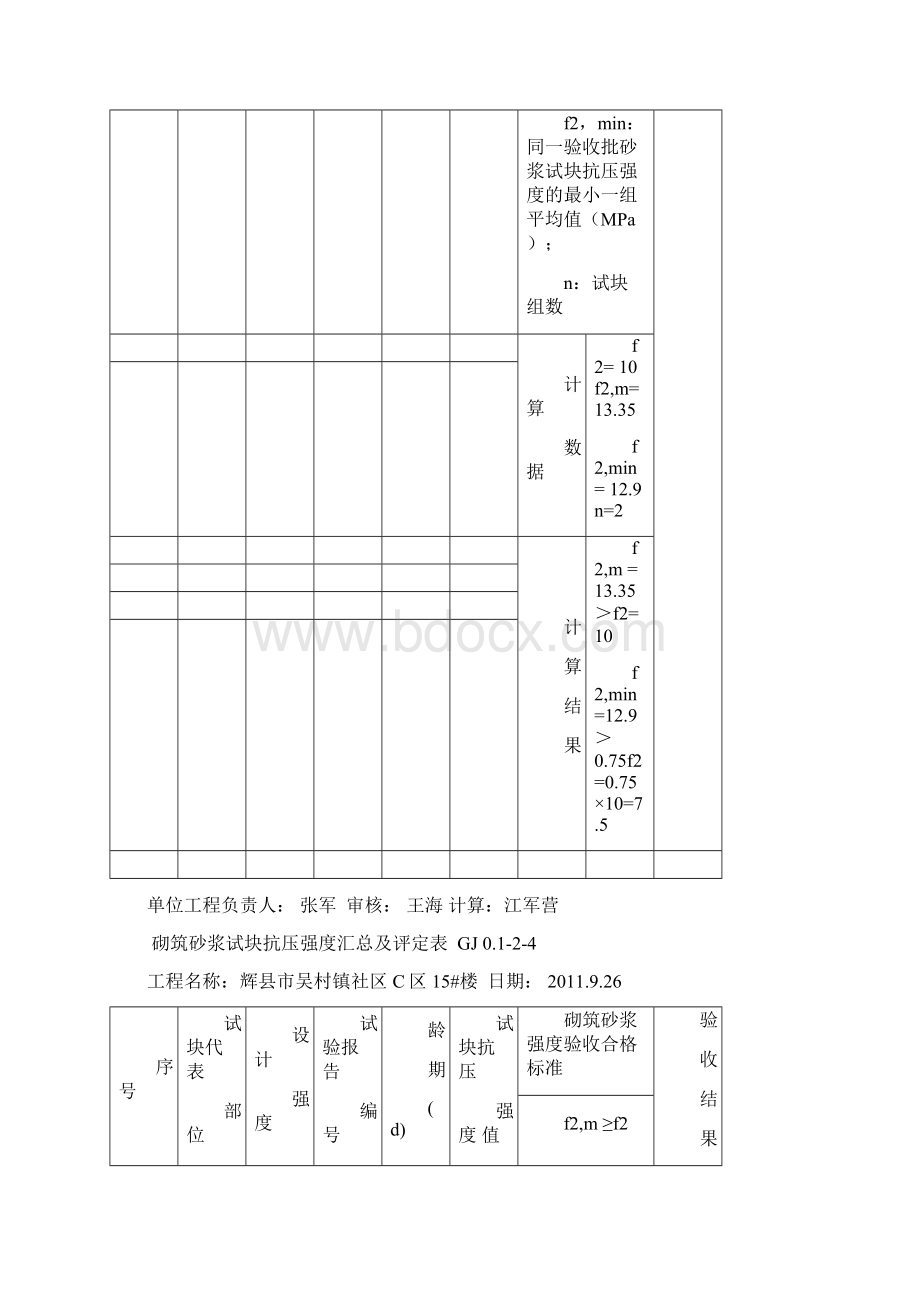 砌筑砂浆试块抗压强度汇总及验收表.docx_第3页