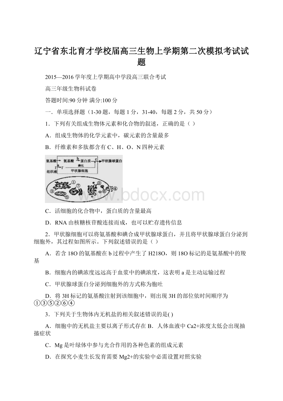 辽宁省东北育才学校届高三生物上学期第二次模拟考试试题.docx