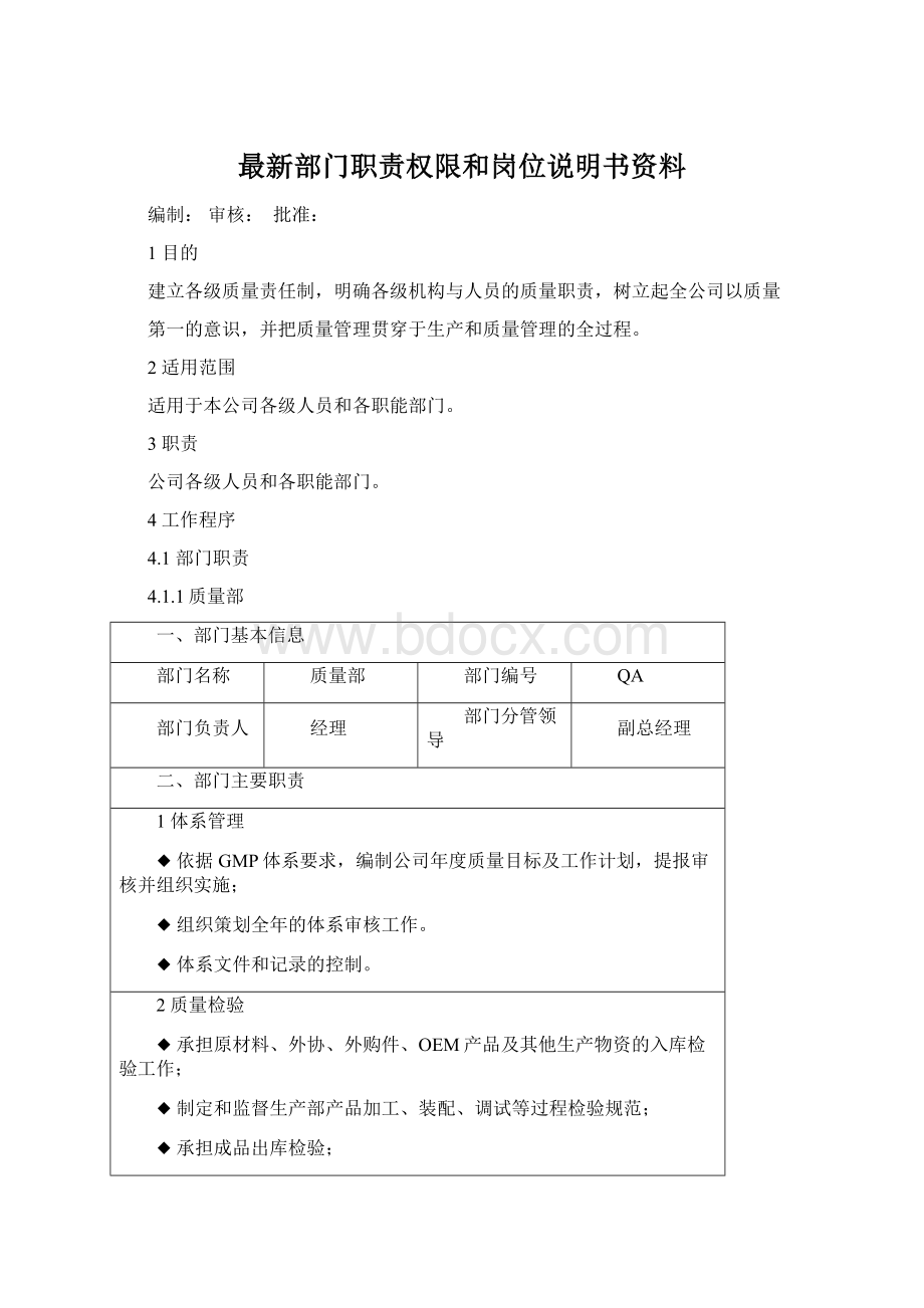 最新部门职责权限和岗位说明书资料Word格式文档下载.docx