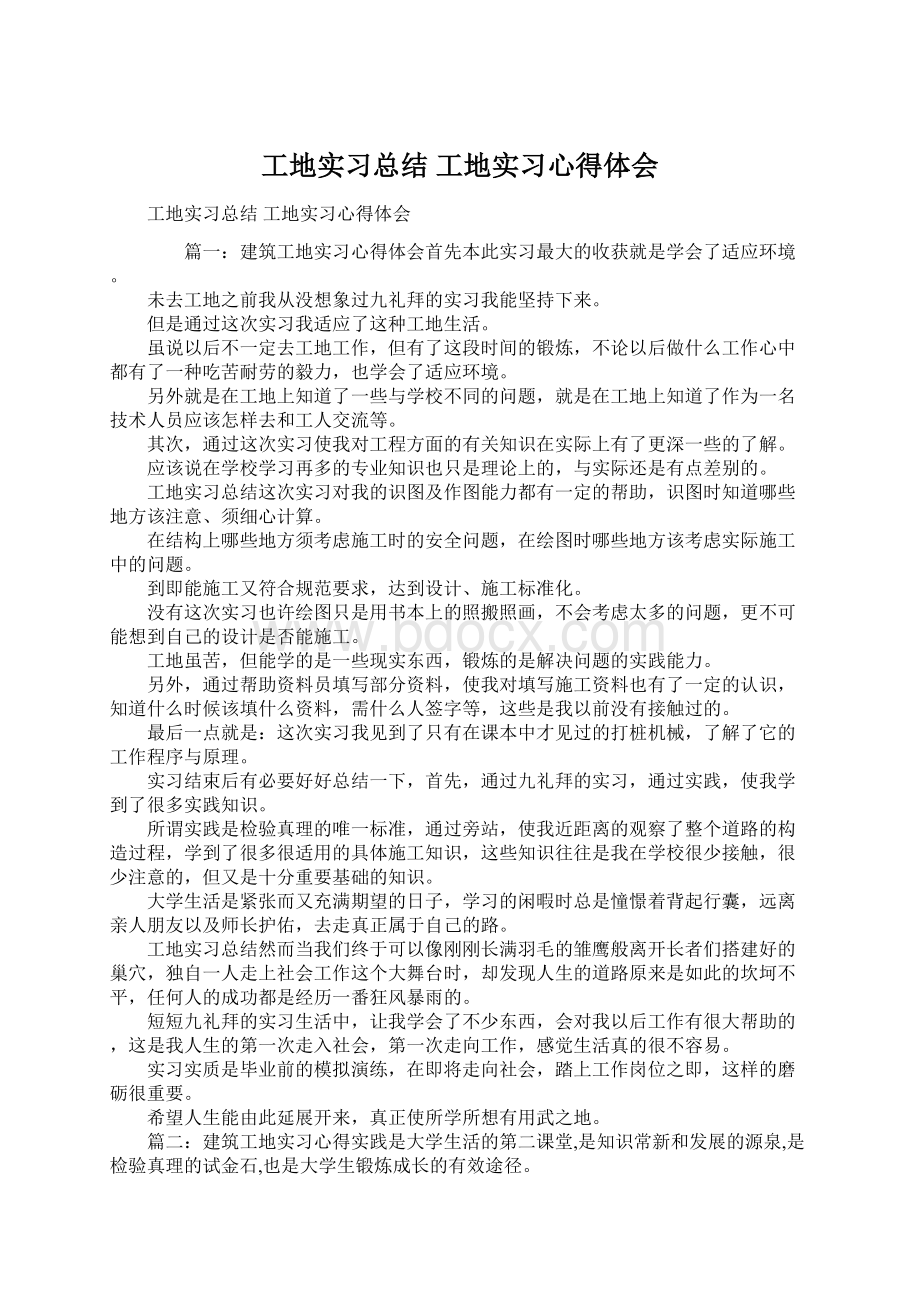 工地实习总结 工地实习心得体会Word格式文档下载.docx_第1页