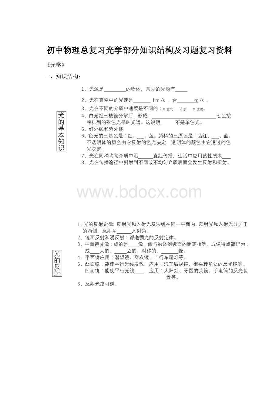 初中物理总复习光学部分知识结构及习题复习资料.docx