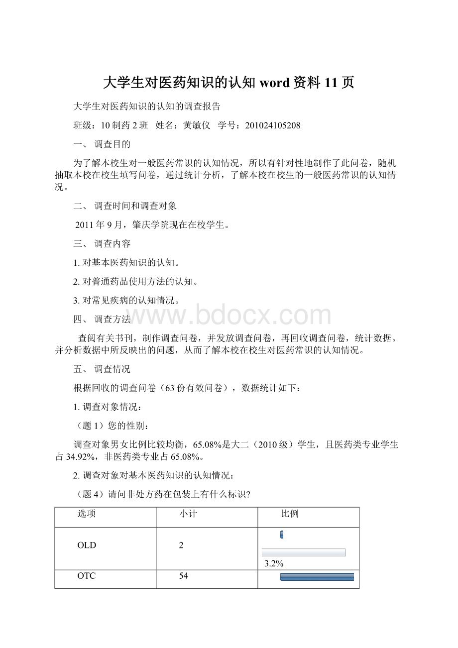 大学生对医药知识的认知word资料11页文档格式.docx