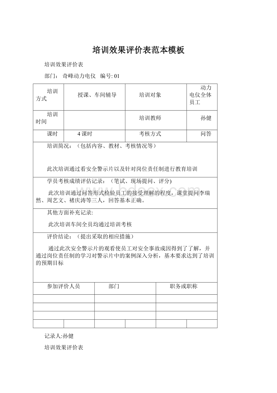 培训效果评价表范本模板Word格式文档下载.docx