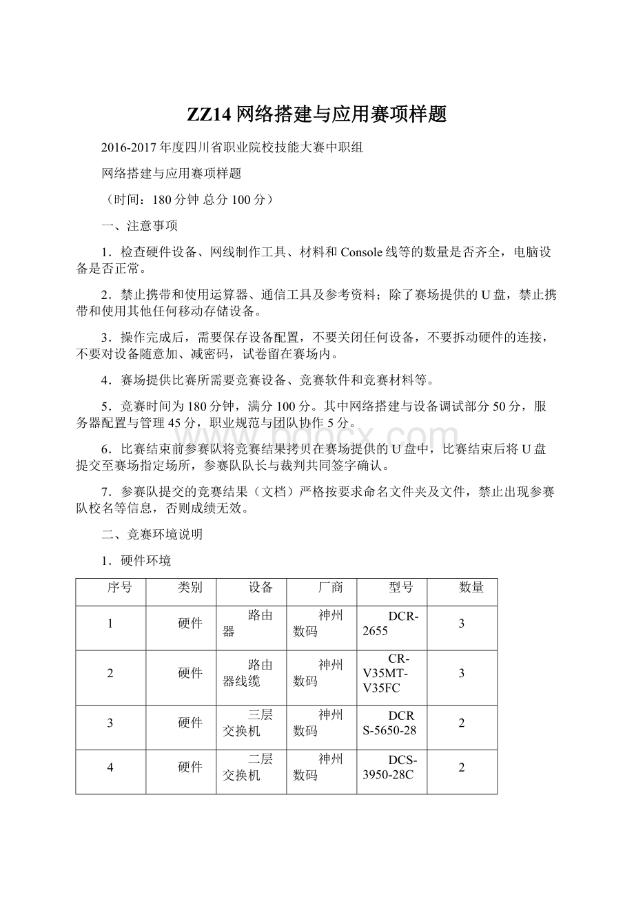 ZZ14网络搭建与应用赛项样题Word格式文档下载.docx