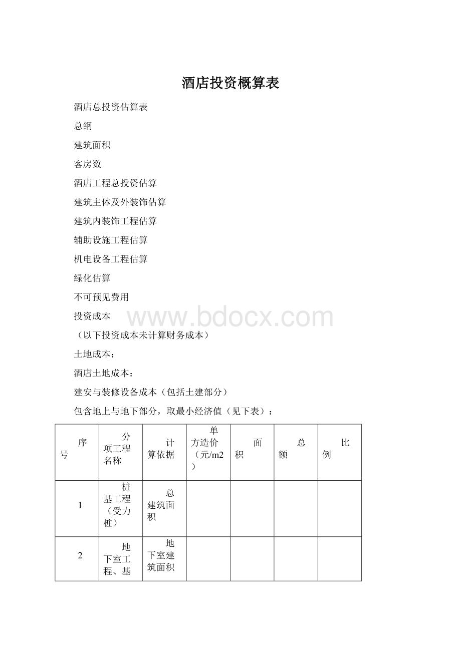 酒店投资概算表.docx