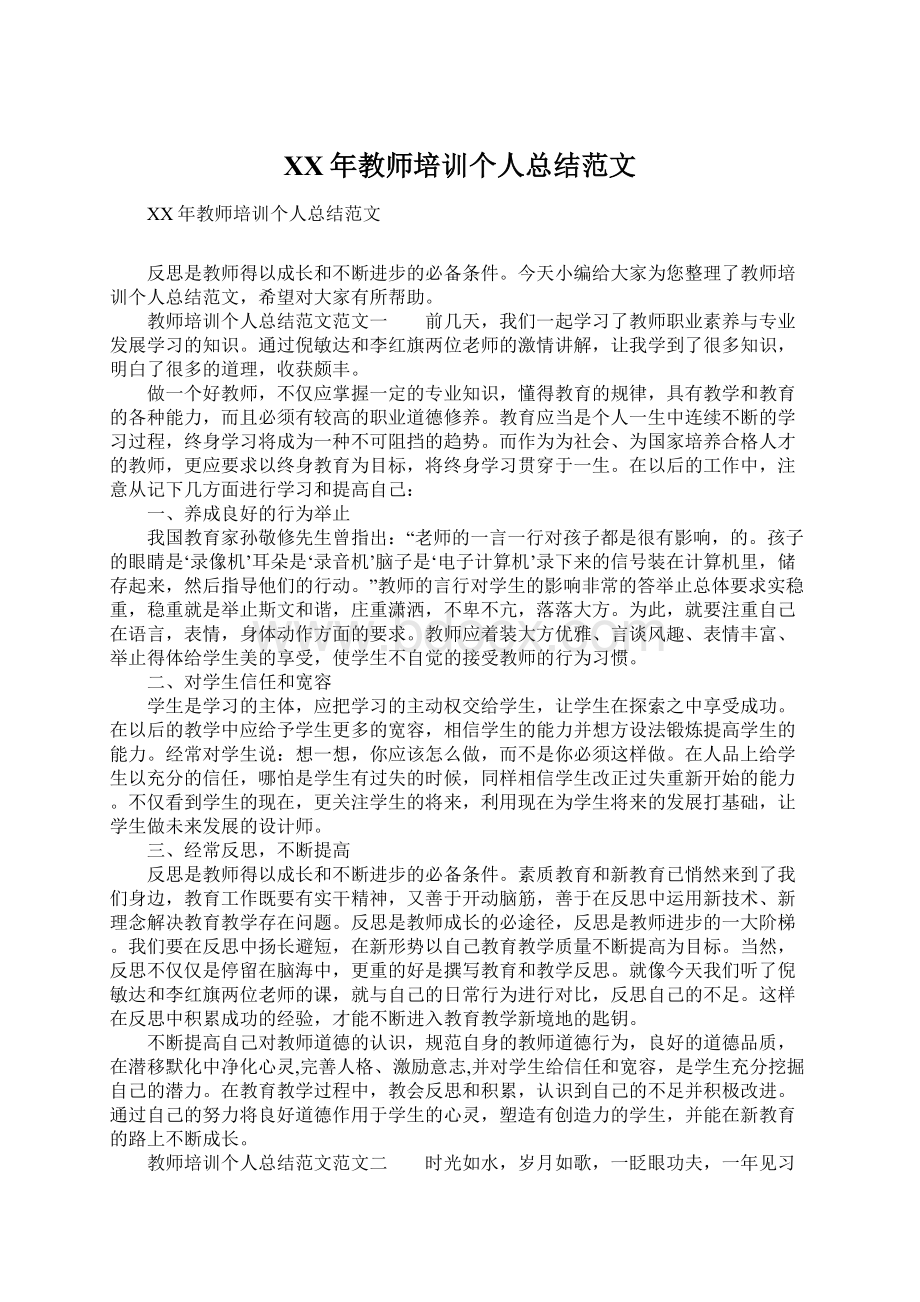 XX年教师培训个人总结范文Word下载.docx