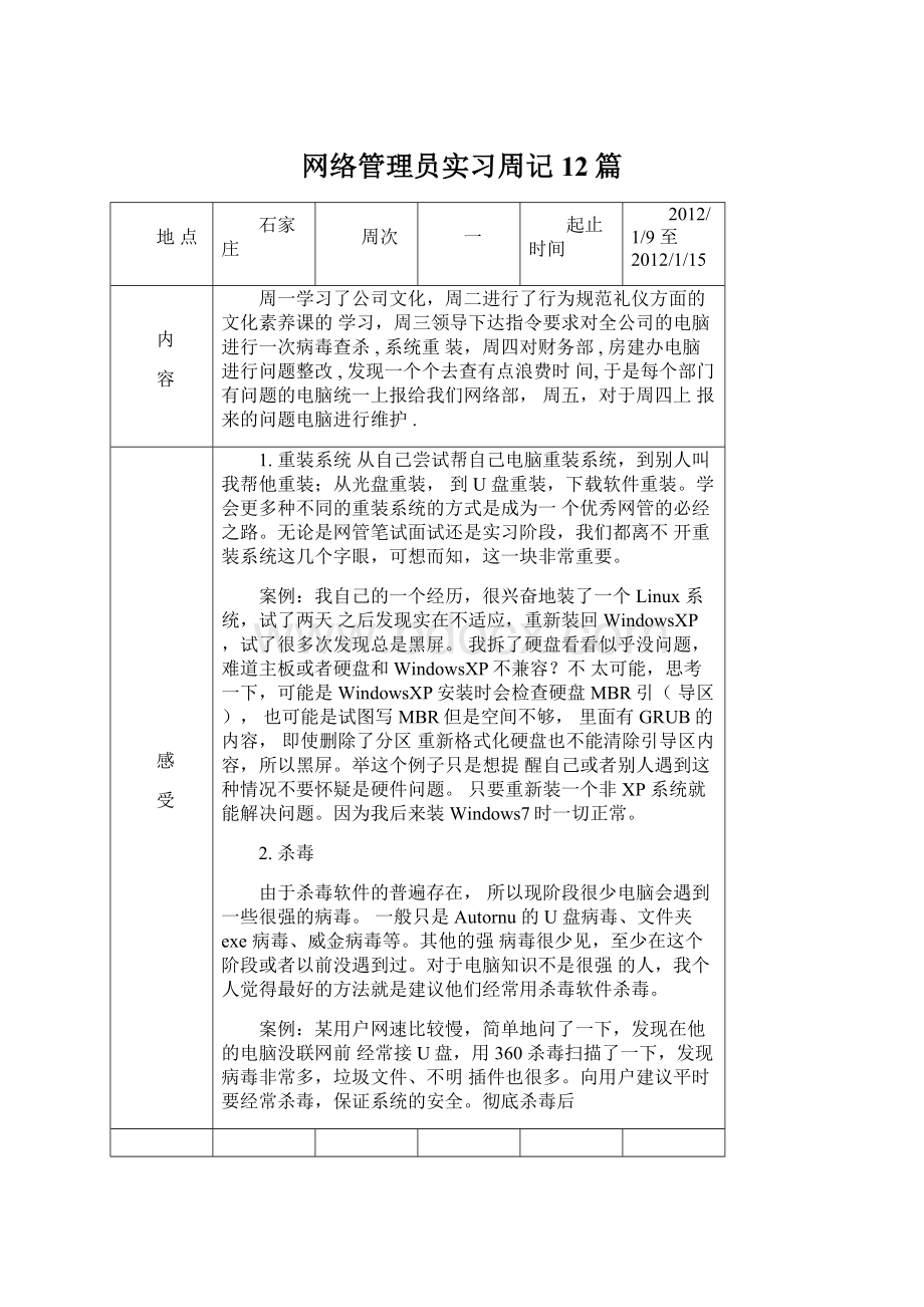 网络管理员实习周记12篇Word文档格式.docx