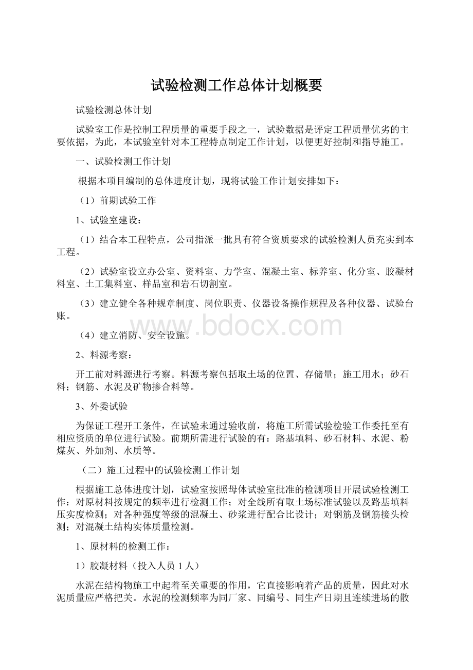 试验检测工作总体计划概要文档格式.docx