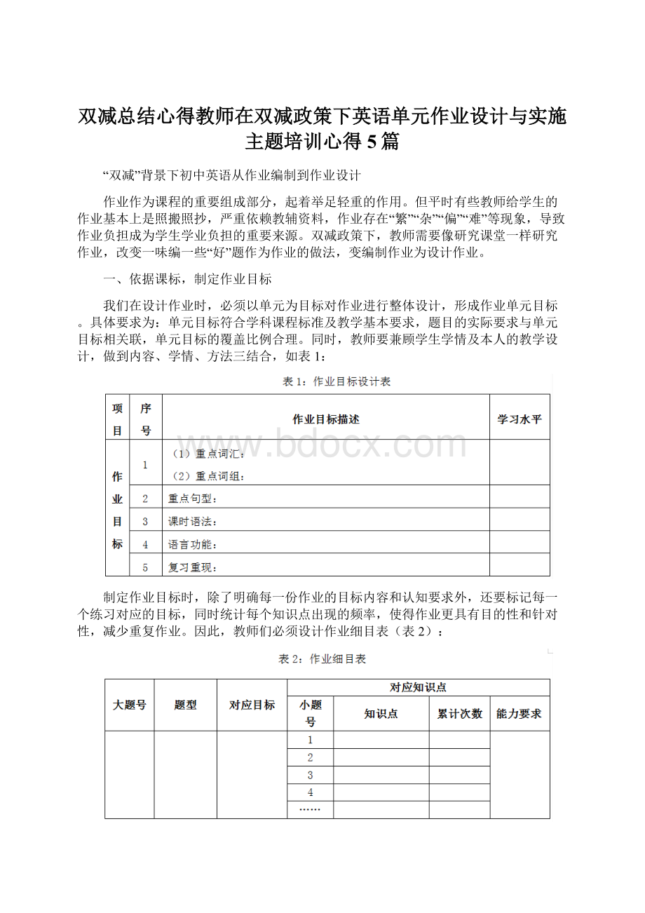 双减总结心得教师在双减政策下英语单元作业设计与实施主题培训心得5篇.docx_第1页