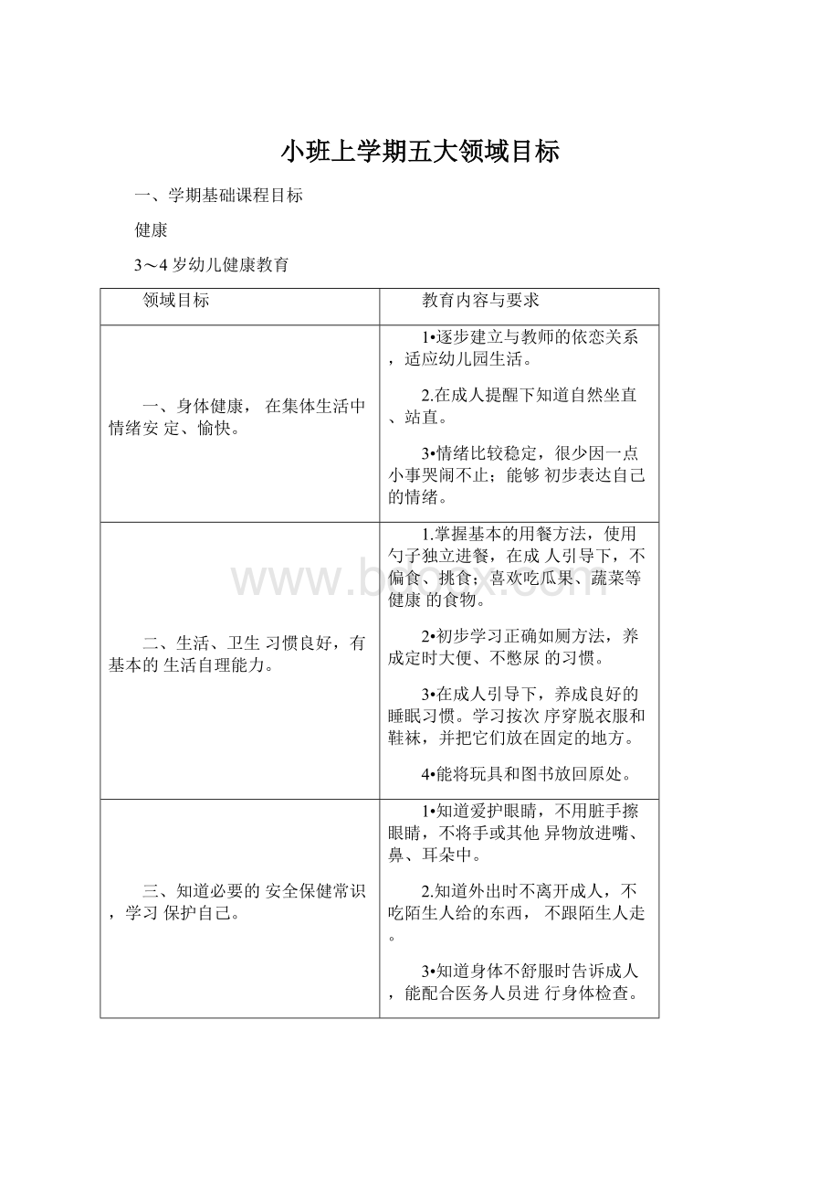 小班上学期五大领域目标.docx