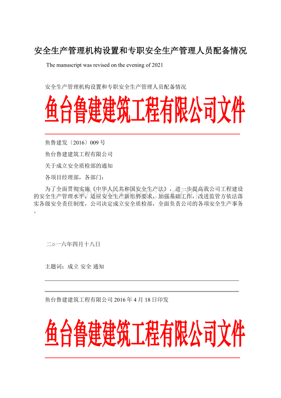 安全生产管理机构设置和专职安全生产管理人员配备情况Word格式文档下载.docx