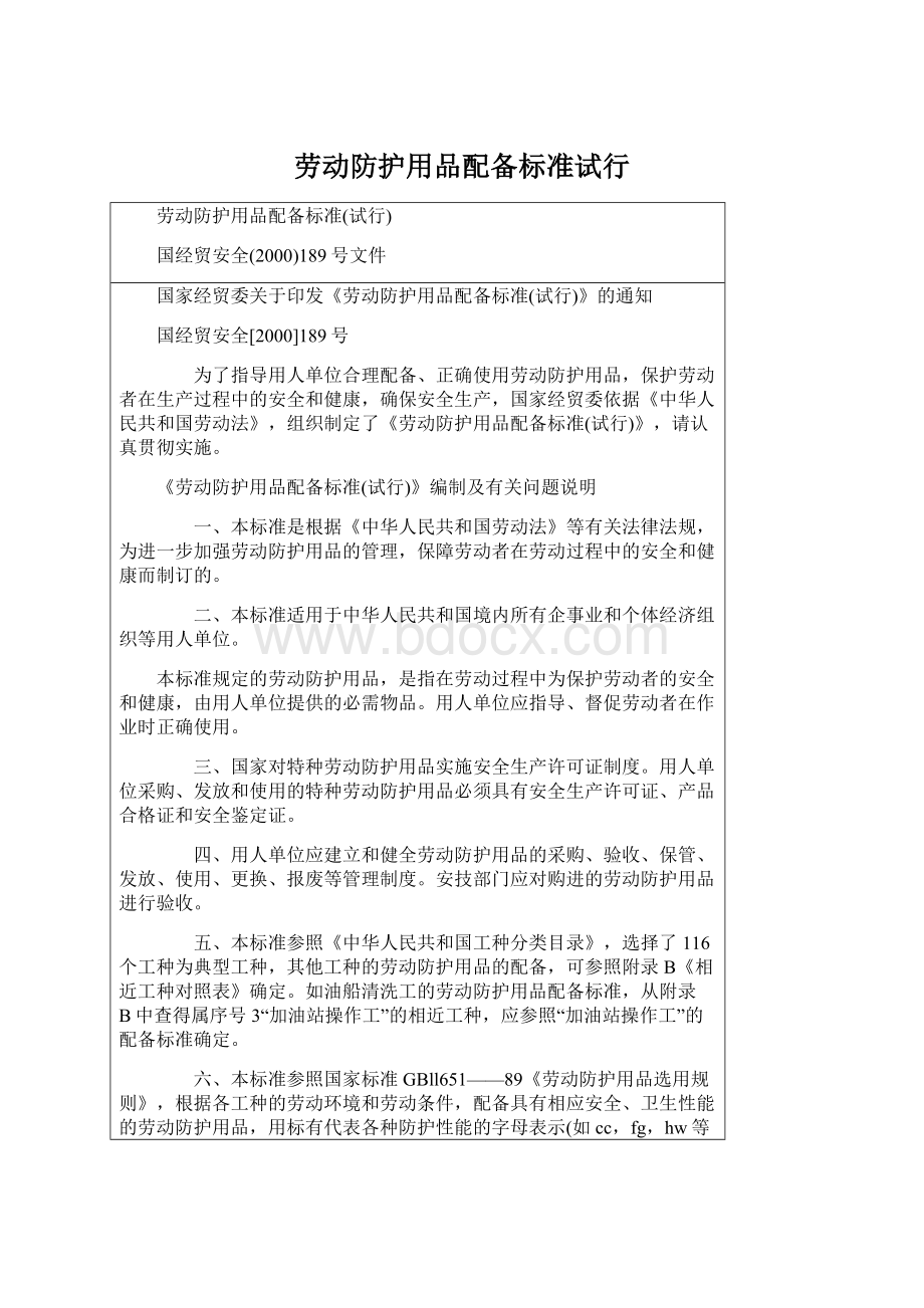 劳动防护用品配备标准试行Word下载.docx_第1页